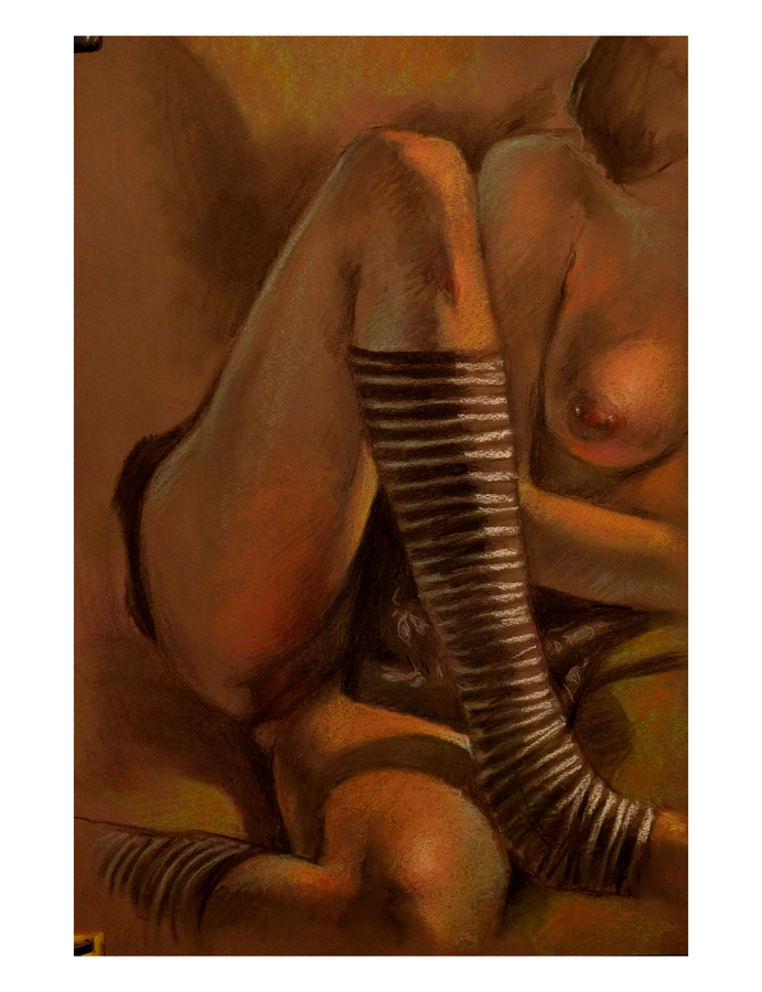 orange striped socks, 12 x 19.5in/31 x 50cm, charcoal drawing at AlexDrawsLife.com