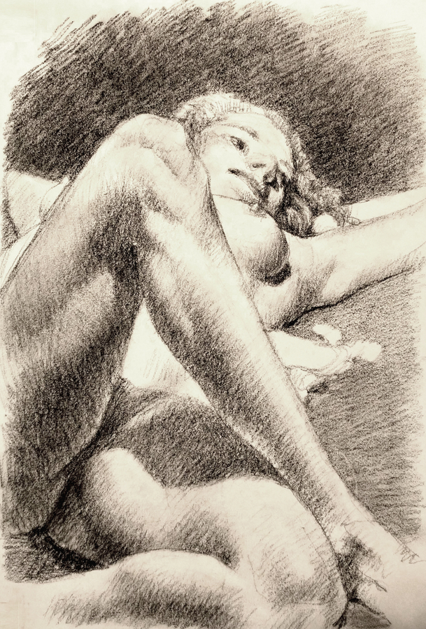 Apryl reclining, 12 x 18in/31 x 46cm, charcoal drawing at AlexDrawsLife.com