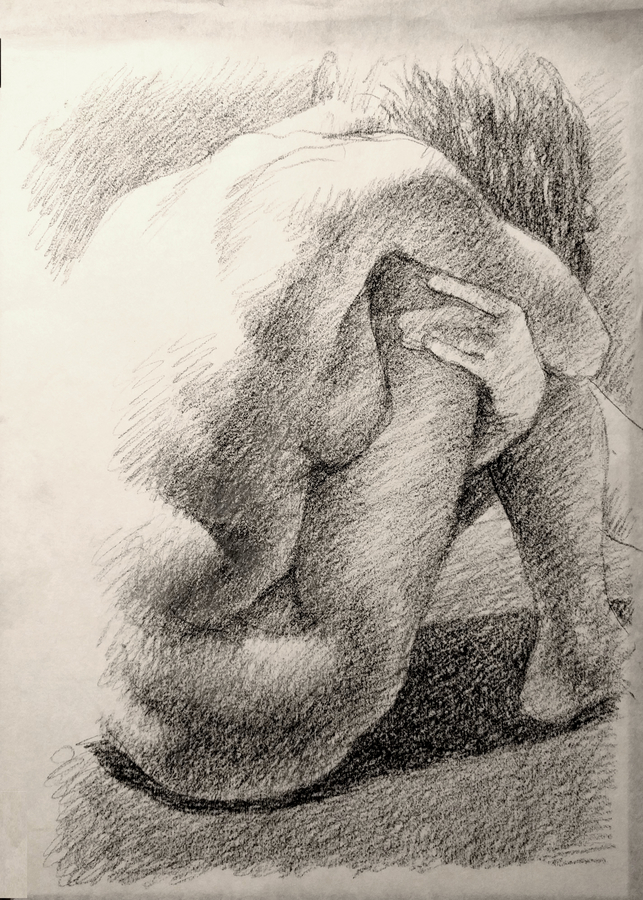 Apryl seated, 12 x 18in/31 x 46cm, charcoal drawing at AlexDrawsLife.com