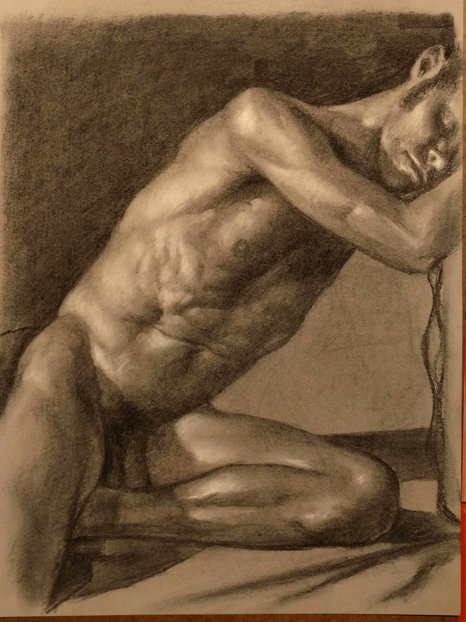 Sven seated, 13 x 20in/34 x 51cm, charcoal drawing at AlexDrawsLife.com