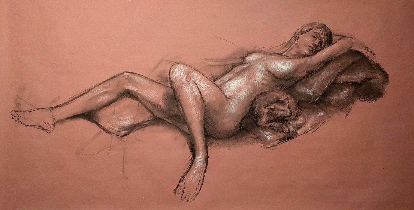 reclining with fox, 72 x 36in/183 x 92cm, charcoal drawing at AlexDrawsLife.com
