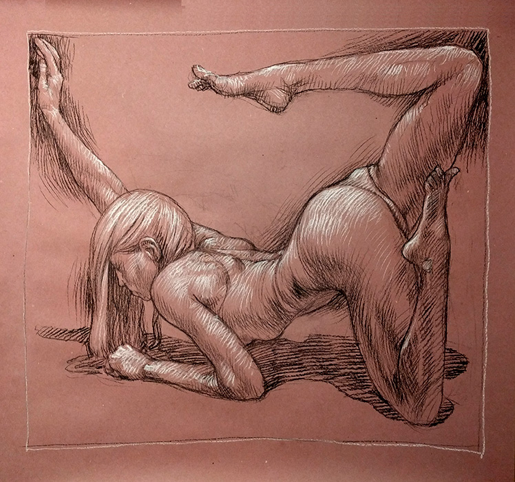 boxed yoga, 36 x 38in/92 x 97cm, charcoal drawing at AlexDrawsLife.com