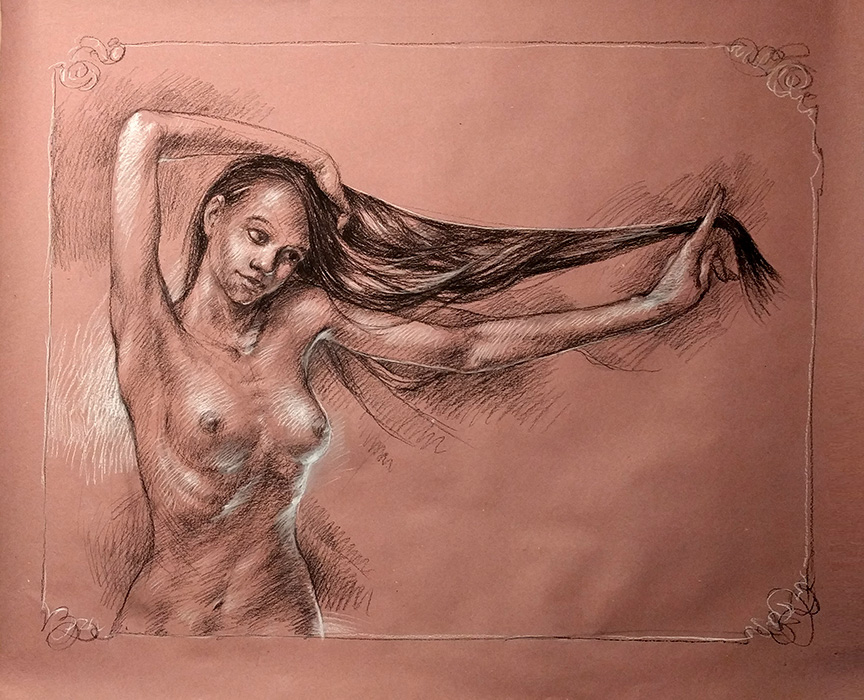 holding her hair, 36 x 42in/92 x 107cm, charcoal drawing at AlexDrawsLife.com