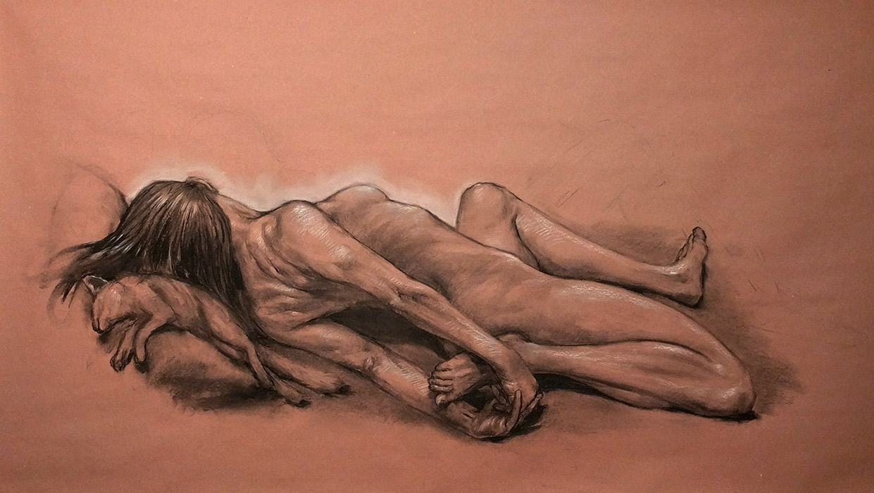 grasping behind, 72 x 36in/183 x 92cm, charcoal drawing at AlexDrawsLife.com