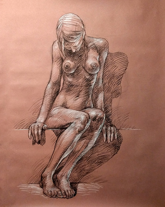 sitting aslant, 36 x 42in/92 x 107cm, charcoal drawing at AlexDrawsLife.com