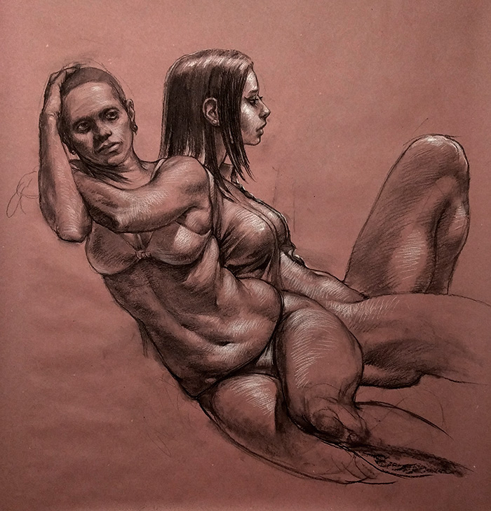 not talking, 36 x 40in/92 x 102cm, charcoal drawing at AlexDrawsLife.com