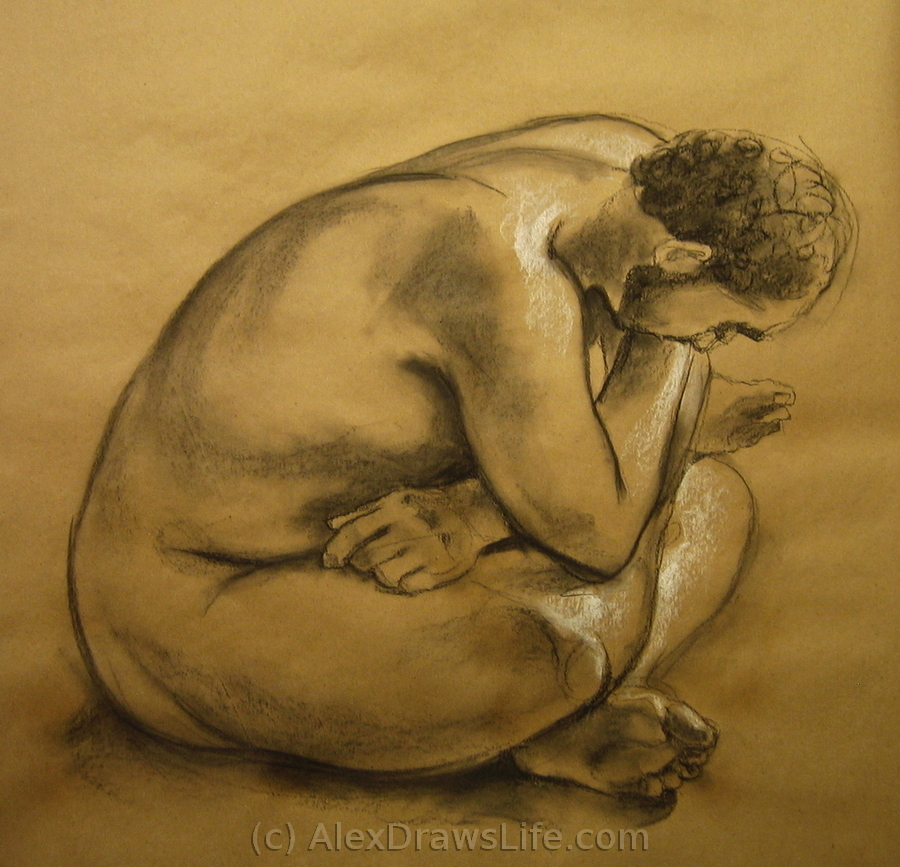 pensive, 33 x 33in/84 x 84cm, charcoal drawing at AlexDrawsLife.com