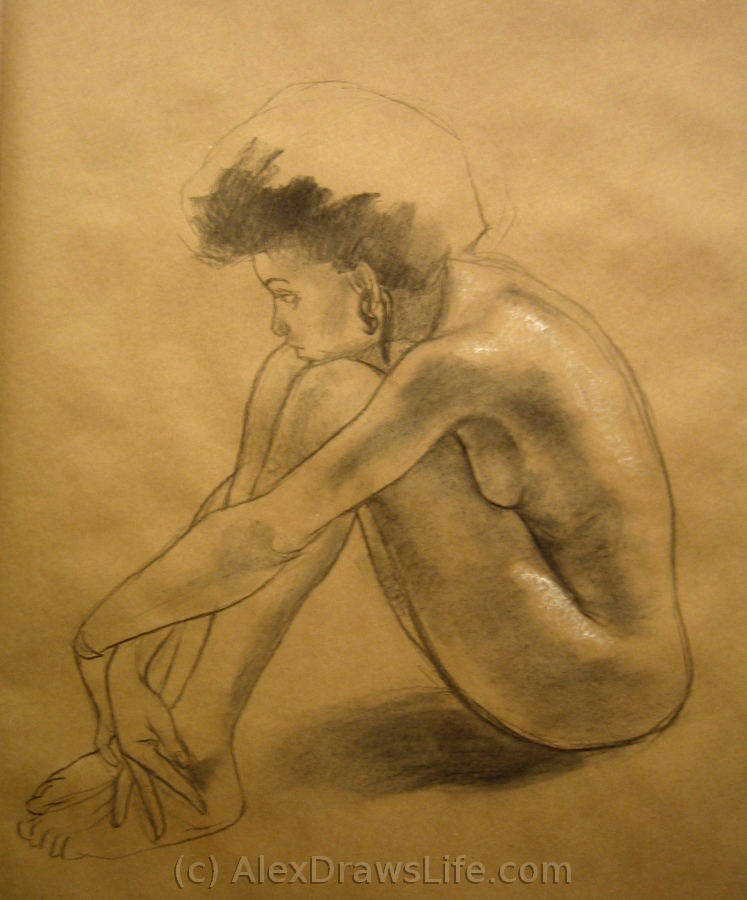 chin on knees, 33 x 48in/84 x 122cm, charcoal drawing at AlexDrawsLife.com