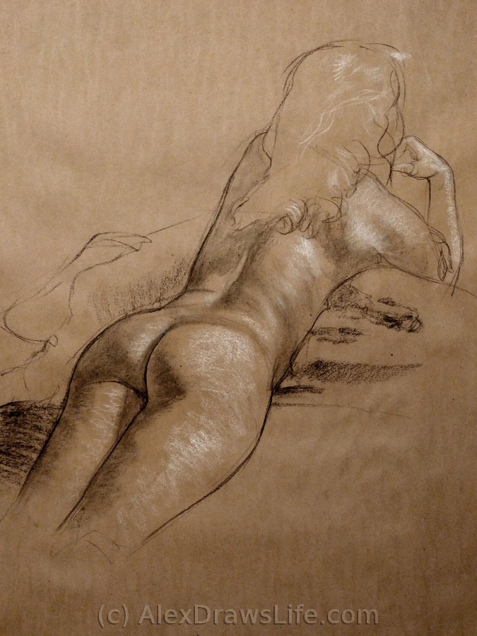 on her belly, 33 x 48in/84 x 122cm, charcoal drawing at AlexDrawsLife.com