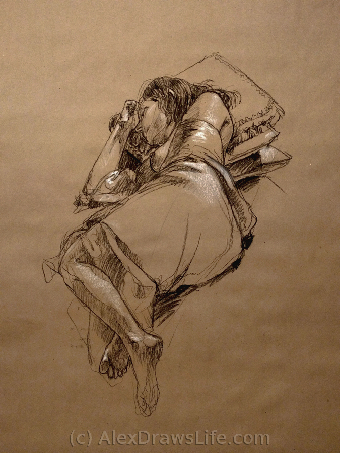 sleeping draped, 32 x 40in/82 x 102cm, charcoal drawing at AlexDrawsLife.com