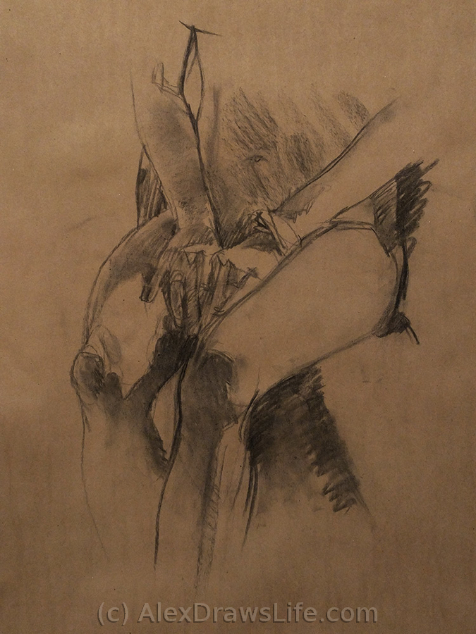 hands and knees, 33 x 45in/84 x 115cm, charcoal drawing at AlexDrawsLife.com