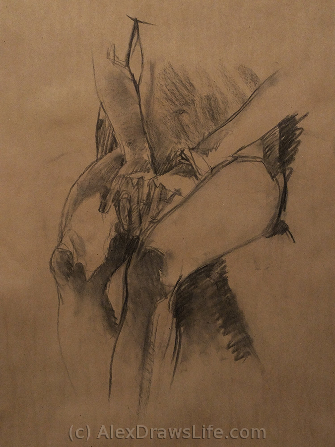 hands and knees, 33 x 45in/84 x 115cm, charcoal drawing at AlexDrawsLife.com