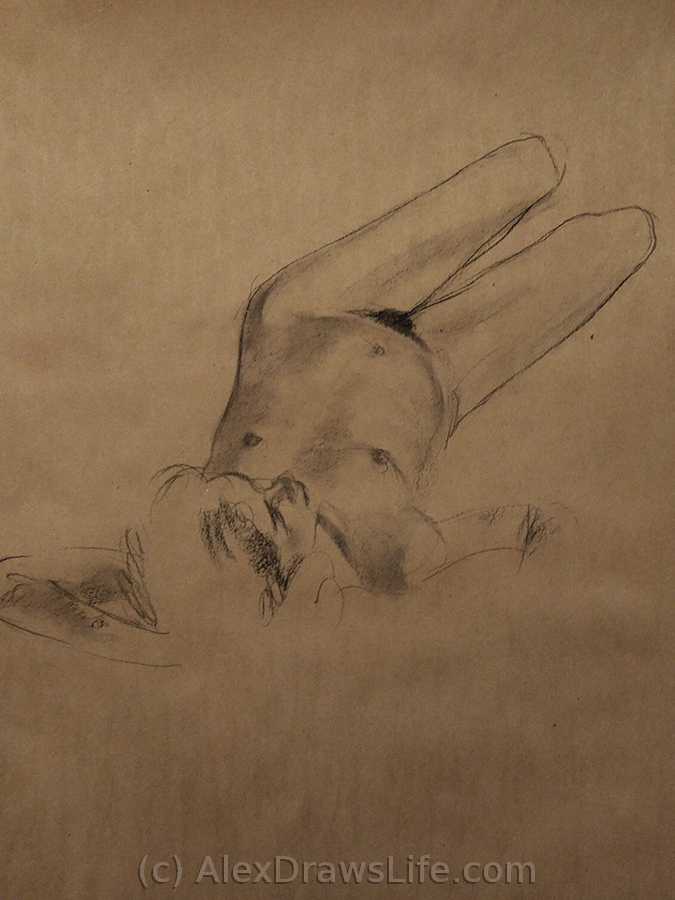 stretching, 33 x 45in/84 x 115cm, charcoal drawing at AlexDrawsLife.com