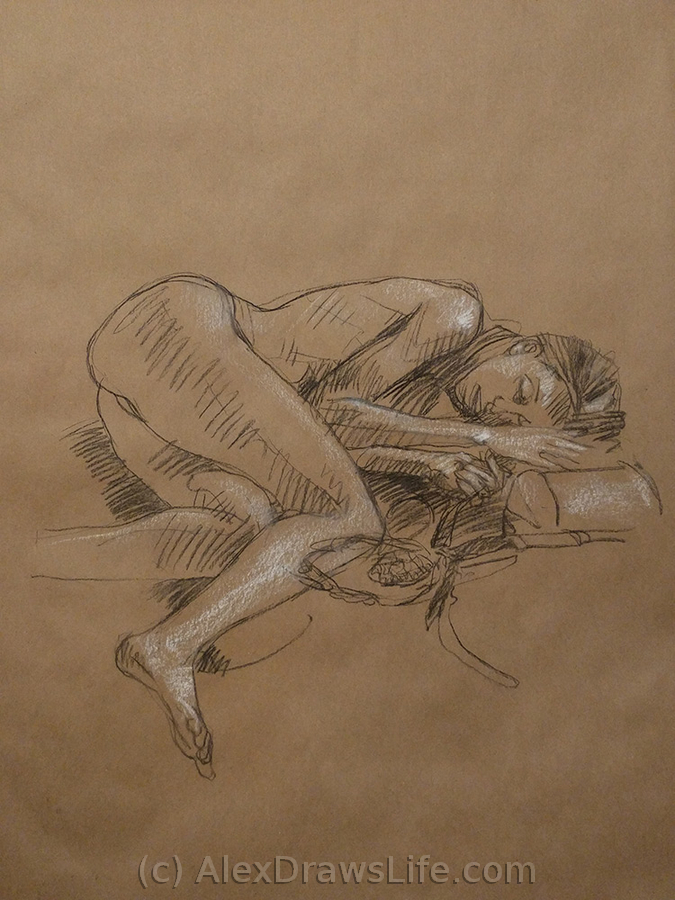 curled up, 33 x 45in/84 x 115cm, charcoal drawing at AlexDrawsLife.com