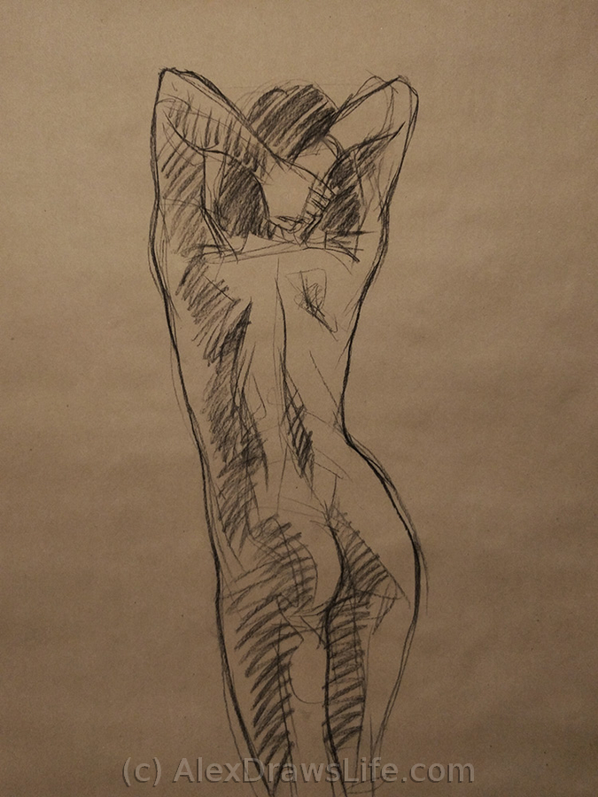 stretching, 33 x 45in/84 x 115cm, charcoal drawing at AlexDrawsLife.com