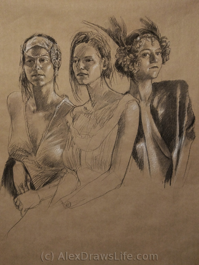 three faces, 33 x 45in/84 x 115cm, charcoal drawing at AlexDrawsLife.com