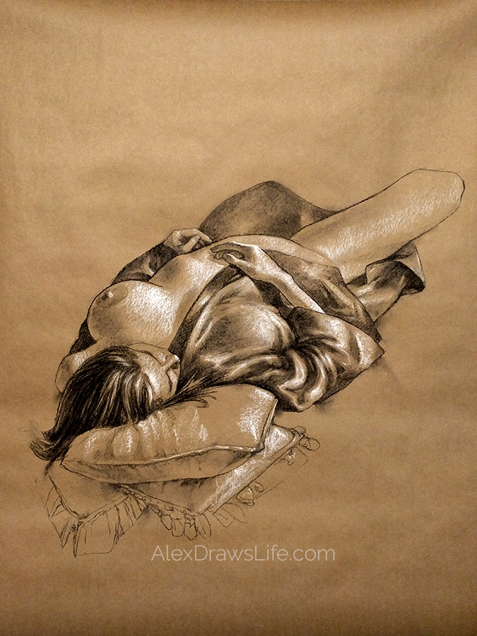 breast, 35 x 50in/89 x 127cm, charcoal drawing at AlexDrawsLife.com