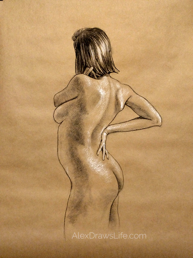 hand on hip, 35 x 50in/89 x 127cm, charcoal drawing at AlexDrawsLife.com