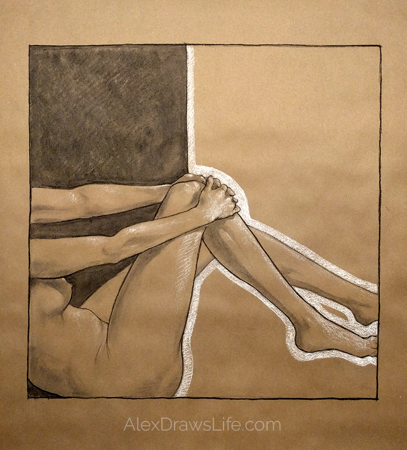 holding knee, 35 x 40in/89 x 102cm, charcoal drawing at AlexDrawsLife.com