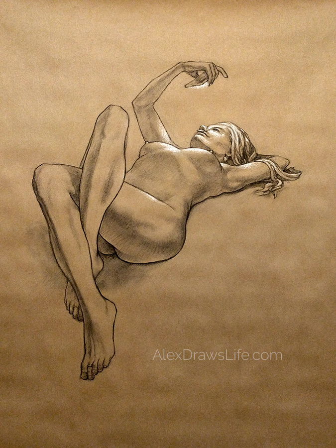 on her phone, 35 x 48in/89 x 122cm, charcoal drawing at AlexDrawsLife.com