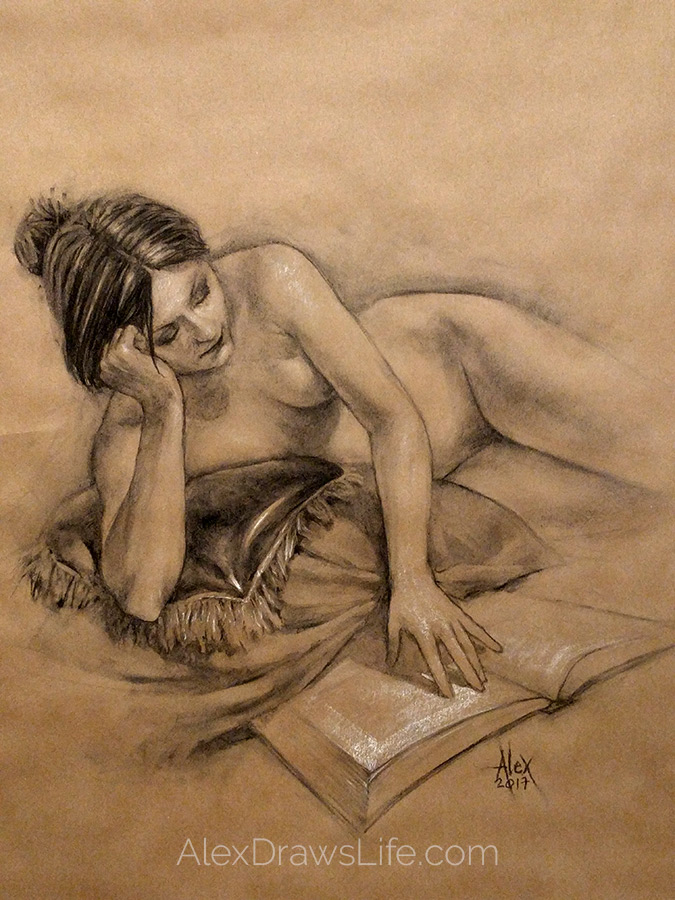 reading, 35 x 50in/89 x 127cm, charcoal drawing at AlexDrawsLife.com
