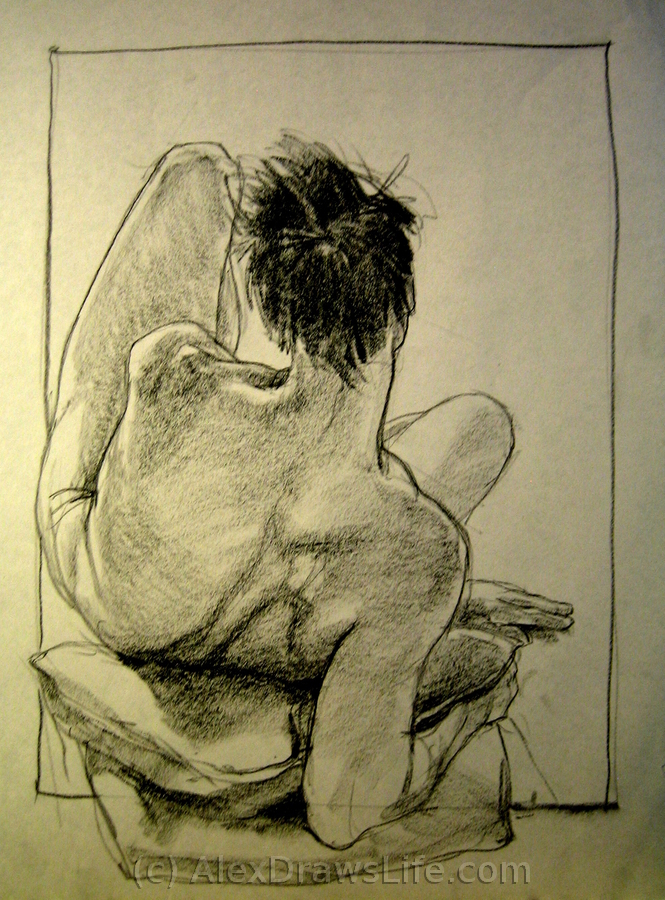 elbow back, 23 x 36in/59 x 92cm, charcoal drawing at AlexDrawsLife.com