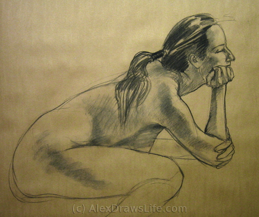 chin in hands #2, 45 x 33in/115 x 84cm, charcoal drawing at AlexDrawsLife.com
