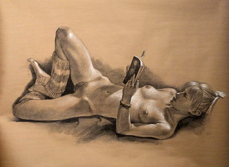 reading leggings, 45 x 33in/115 x 84cm, charcoal drawing at AlexDrawsLife.com