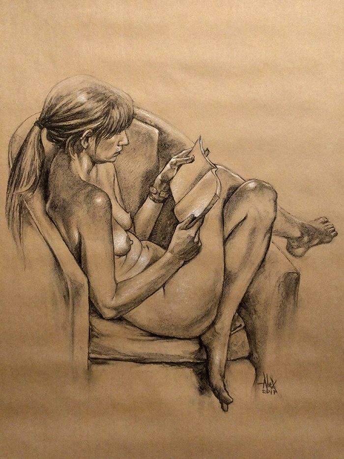 reading chair, 33 x 45in/84 x 115cm, charcoal drawing at AlexDrawsLife.com