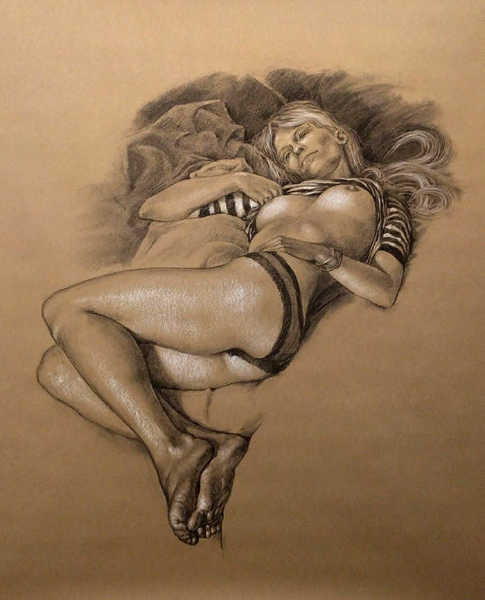 shirt's up, 33 x 45in/84 x 115cm, charcoal drawing at AlexDrawsLife.com