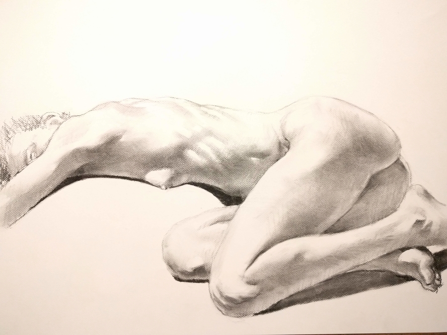 velda reclining side, 19.5 x 25.5in/50 x 65cm, charcoal drawing at AlexDrawsLife.com