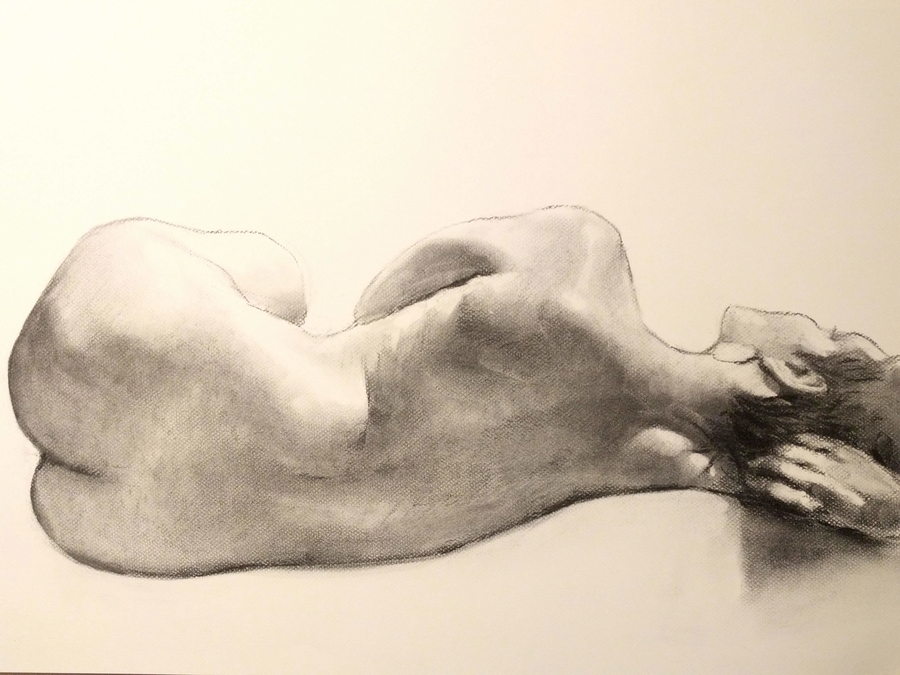 ollie reclining #2, 25.5 x 19.5in/65 x 50cm, charcoal drawing at AlexDrawsLife.com
