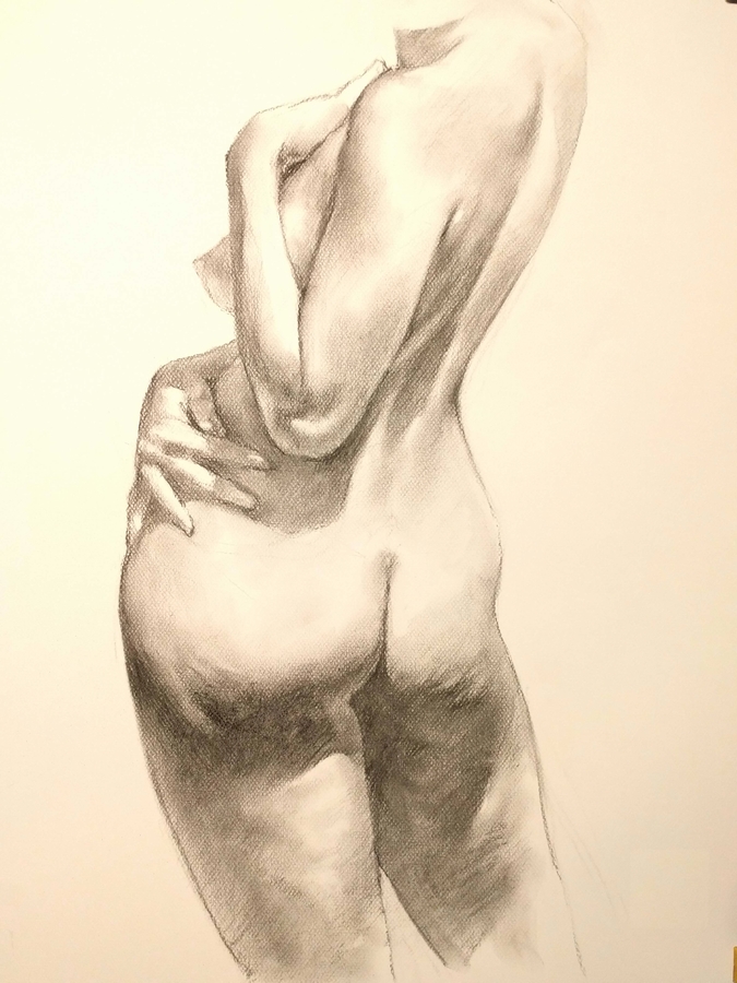 sam standing, 19.5 x 25.5in/50 x 65cm, charcoal drawing at AlexDrawsLife.com