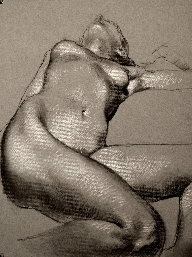 page reclining #1, 19.5 x 25.5in/50 x 65cm, charcoal drawing at AlexDrawsLife.com