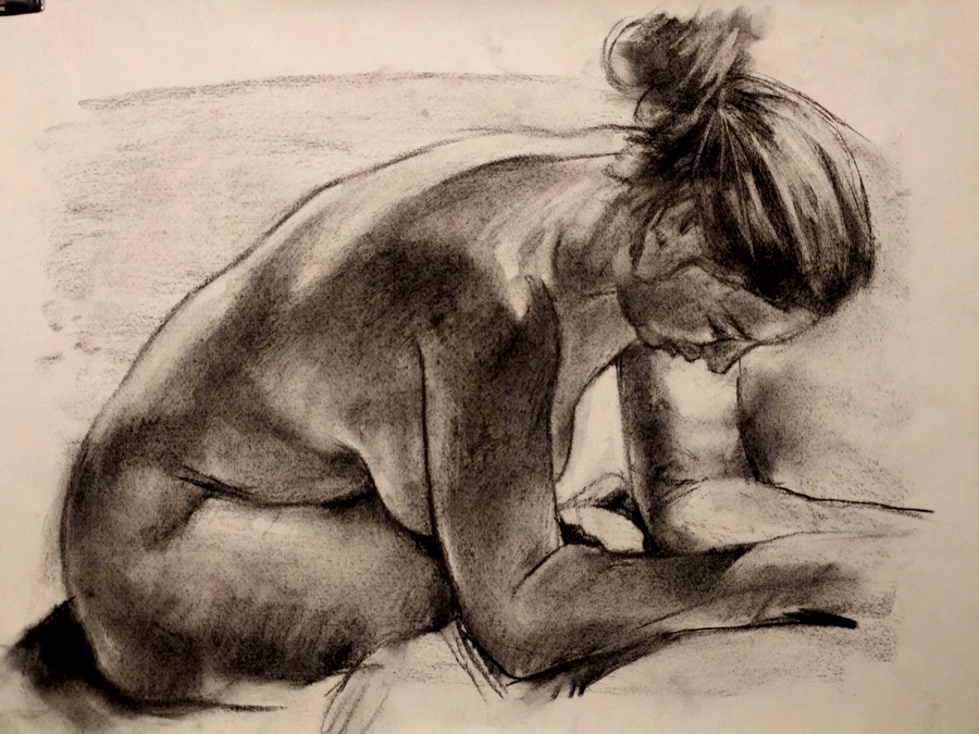 Ariel yoga, 25.5 x 19.5in/65 x 50cm, charcoal drawing at AlexDrawsLife.com