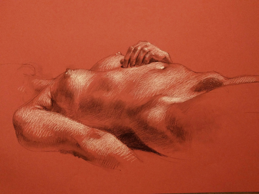 Ariel reclining, 25.5 x 19.5in/65 x 50cm, charcoal drawing at AlexDrawsLife.com