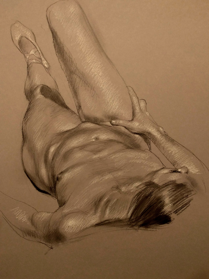 Christelle foreshortened, 19.5 x 25.5in/50 x 65cm, charcoal drawing at AlexDrawsLife.com