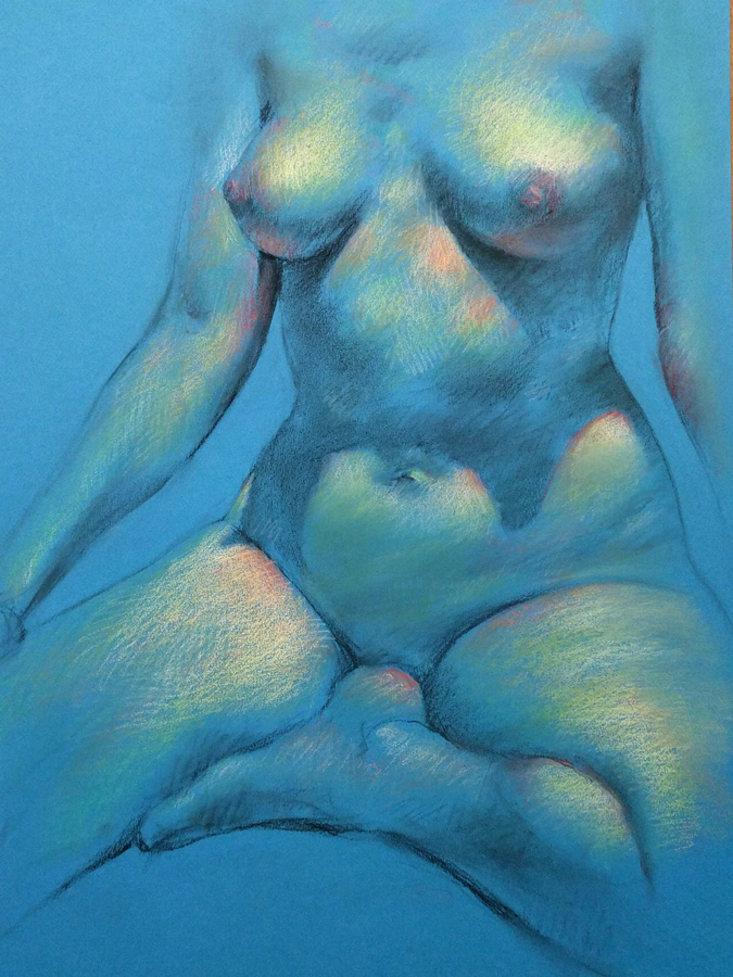Christelle in blue, 19.5 x 25.5in/50 x 65cm, charcoal drawing at AlexDrawsLife.com