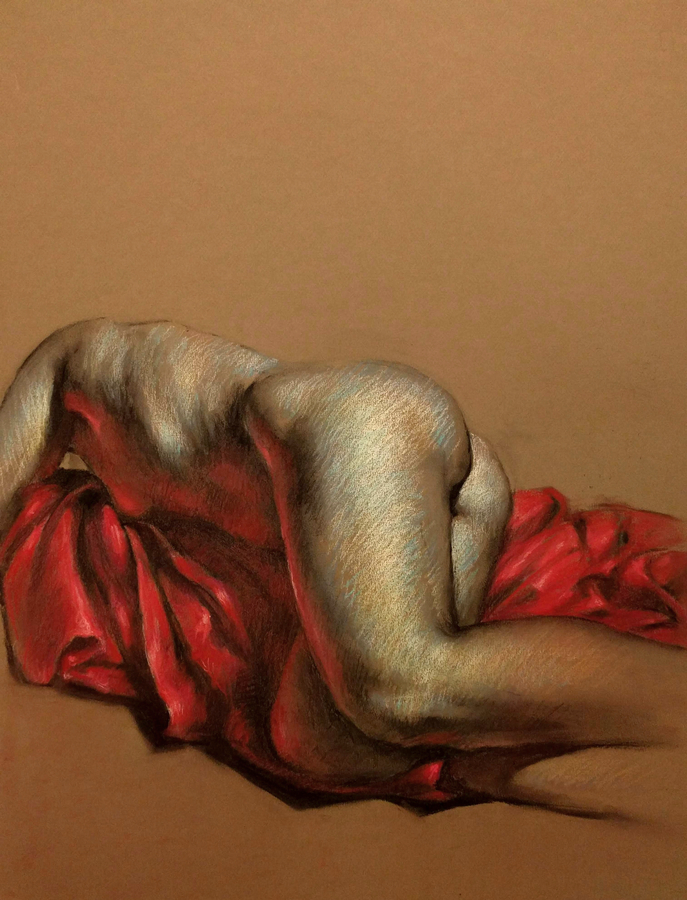 jacqueline on red, 19.5 x 25.5in/50 x 65cm, charcoal drawing at AlexDrawsLife.com