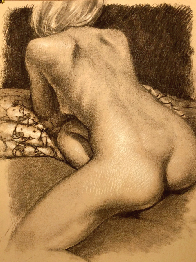 Miss Terrie from behind, 19.5 x 25.5in/50 x 65cm, charcoal drawing at AlexDrawsLife.com