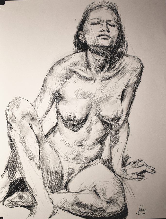 nota mu seated, 19.5 x 25.5in/50 x 65cm, charcoal drawing at AlexDrawsLife.com