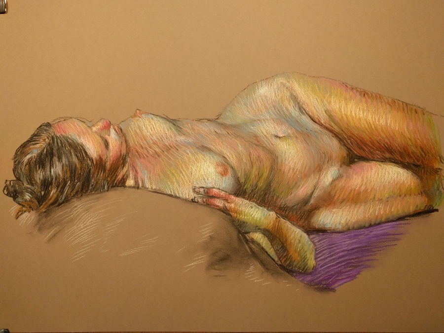 Paige, reclining, 25.5 x 19.5in/65 x 50cm, charcoal drawing at AlexDrawsLife.com