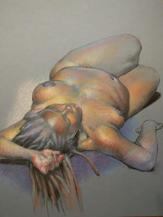 Richelle, reclining, 19.5 x 25.5in/50 x 65cm, charcoal drawing at AlexDrawsLife.com
