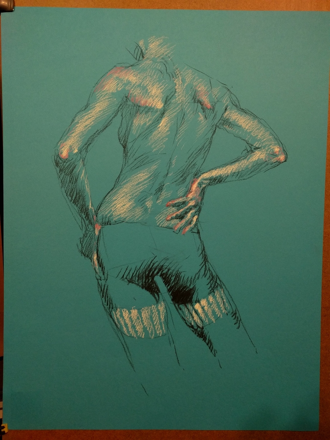 Velda in tights, 19.5 x 25.5in/50 x 65cm, charcoal drawing at AlexDrawsLife.com
