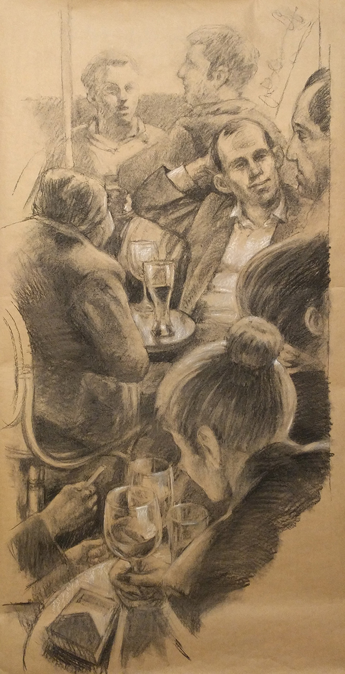 cafe du palette, 35 x 67in/89 x 171cm, charcoal drawing at AlexDrawsLife.com