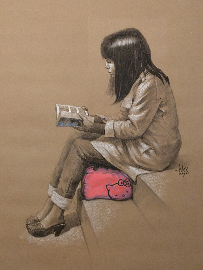 pink bag, 42 x 35in/107 x 89cm, charcoal drawing at AlexDrawsLife.com